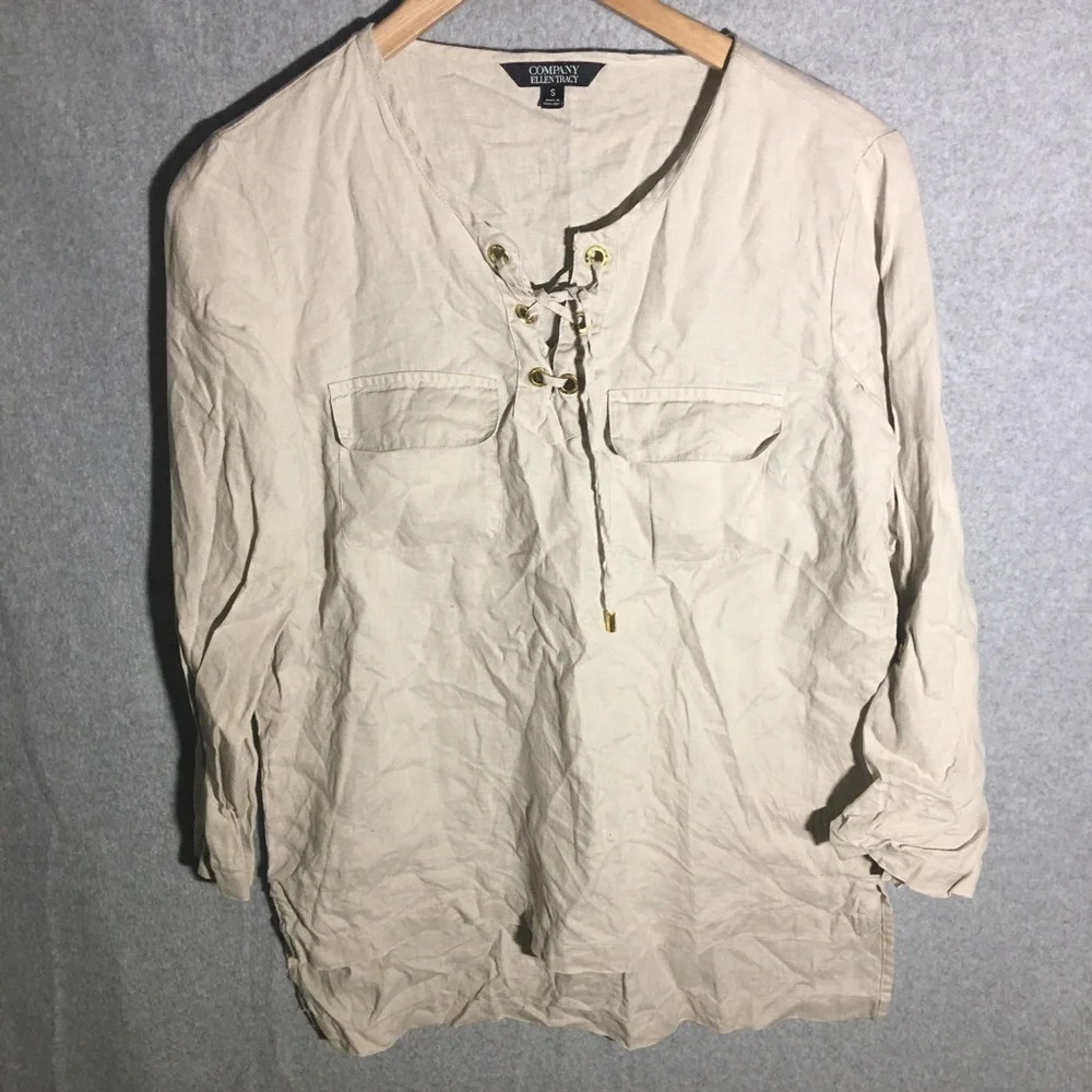 Womens Ellen Tracy Blouse Lace Up Detail Linen Lagenlook Casual Neutral Beachy